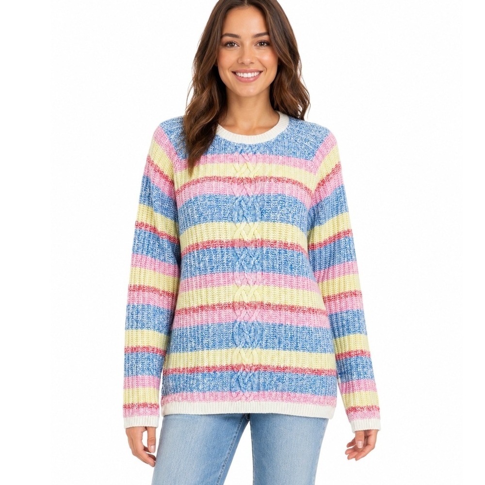 Talbots Pastel Striped Cable Knit Sweater Pink Blue Yellow Women's | Medium